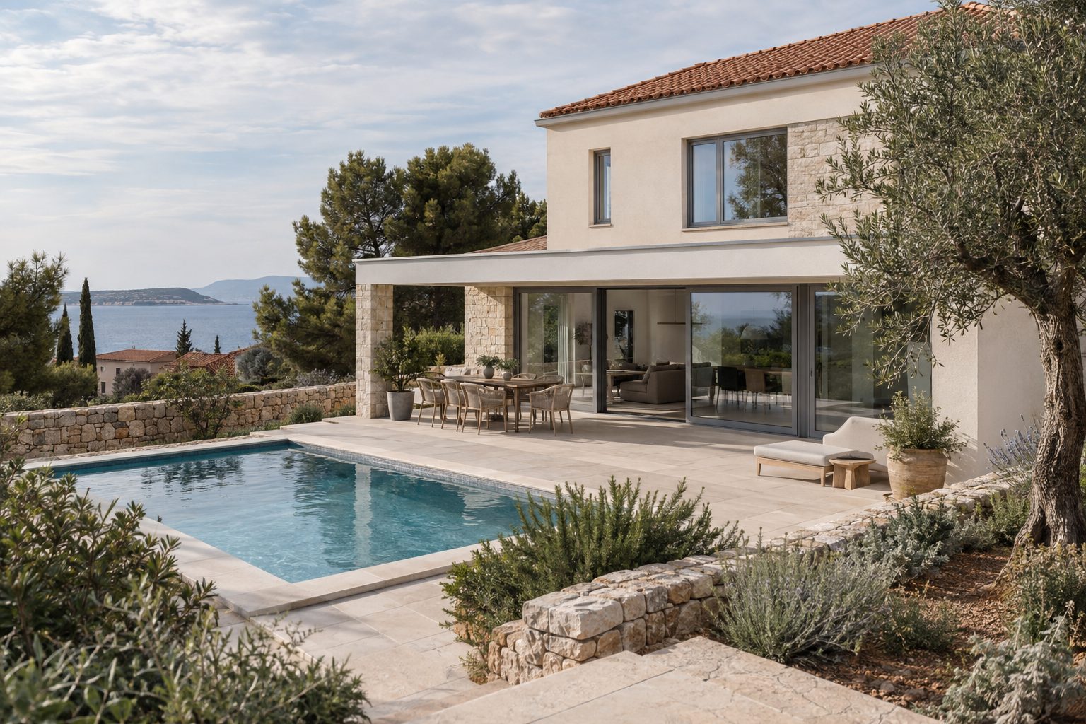 Ilustrativni prikaz: mediteranska vila s kosim krovom i pogledom prema moru.